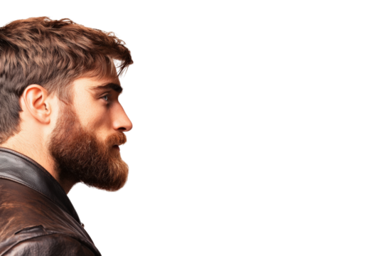 Bearded man side profile portrait isolated on transparent background