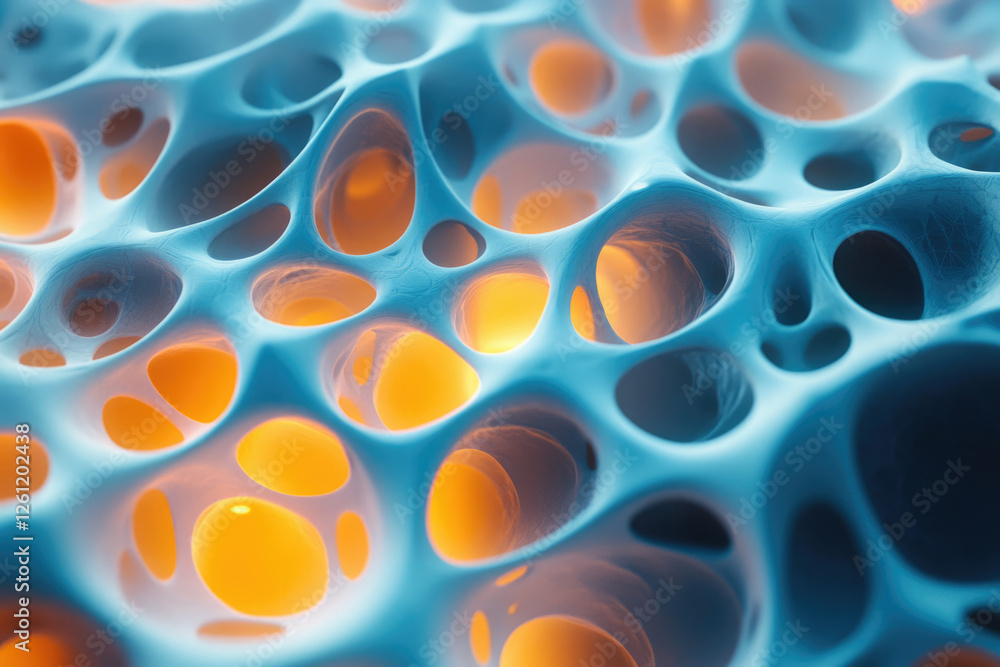 Poster Abstract image depicting a porous, interconnected structure with a blue and orange color scheme, resembling a microscopic view of a cellular network.