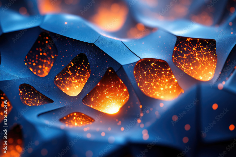Poster abstract 3d render of a futuristic, glowing blue and orange structure with intricate details.