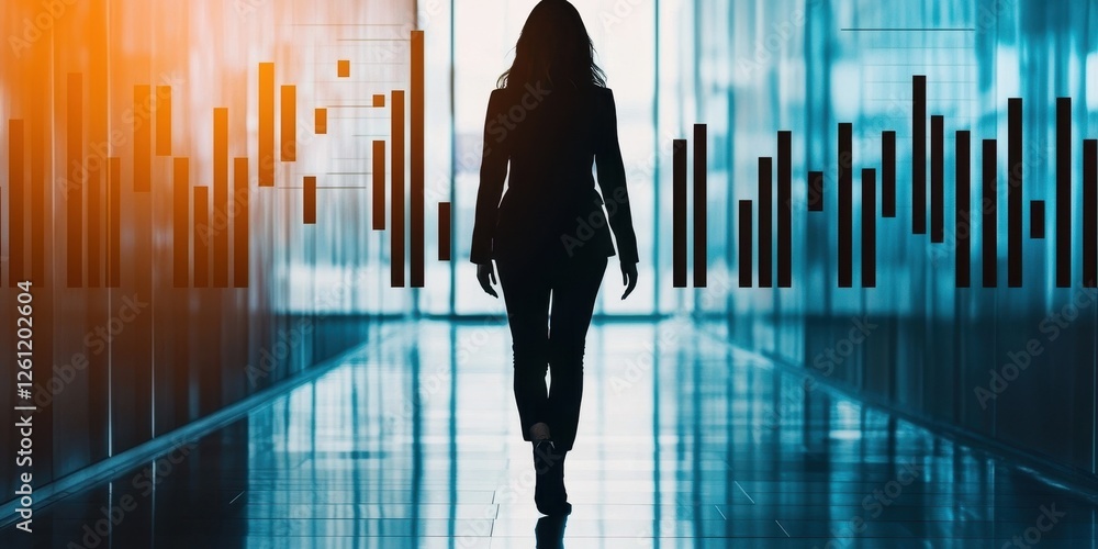 Poster finance and power in businesswomen. silhouette of a person walking in a modern corridor with abstrac