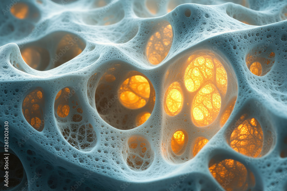 Poster Abstract 3D rendering of a porous, cavernous structure with glowing orange inner cavities.