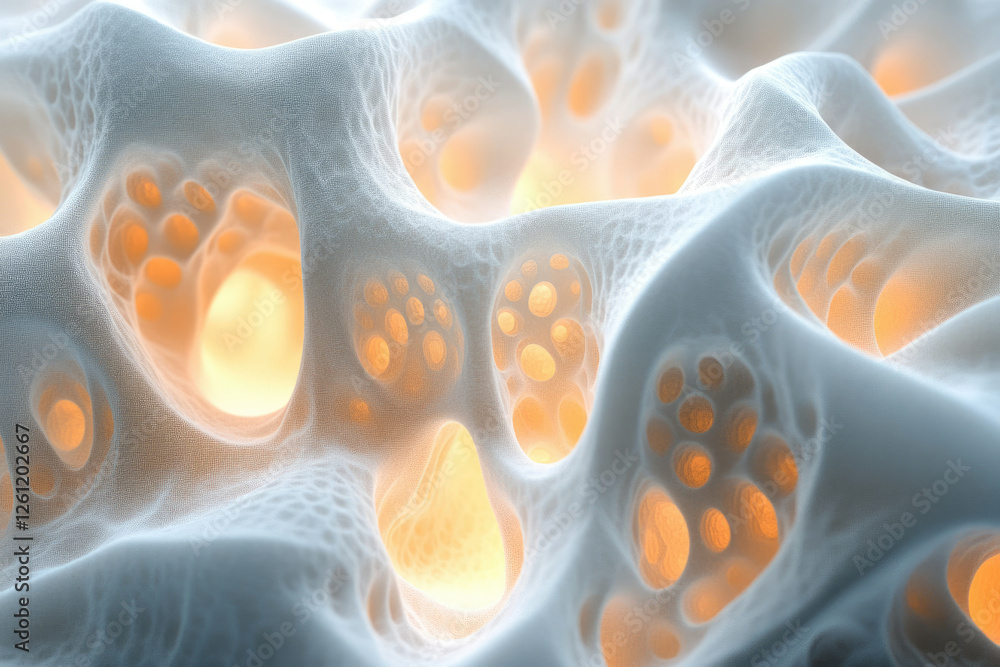Poster abstract 3d rendering of a porous, spongy structure with glowing inner cavities.