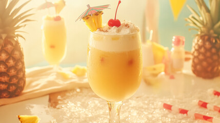 Refreshing tropical piña colada with pineapple and cherry garnish on sunny beach