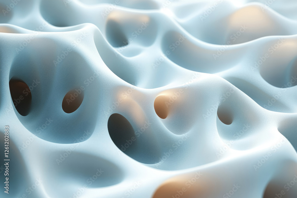Poster Abstract 3D rendering of a smooth, undulating surface with subtle lighting and textured holes.