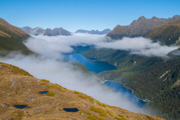 Scenic view of Lake Gunn Fergus and Livingstone Range from Key Summit Ridge, Fiordland National Park, New Zealand South Island