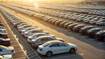 Vast Automobile Inventory Rows of New Cars at Sunset