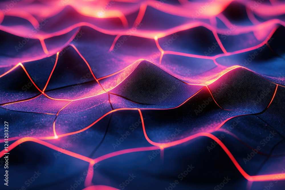 Poster abstract digital landscape with glowing red lines forming a wave-like pattern on a dark blue surface