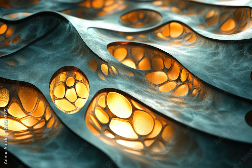 Poster abstract 3d rendering of a wavy, textured surface with glowing, organic shapes.