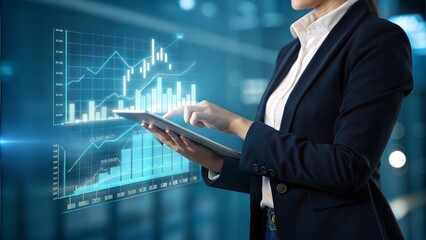 Businesswoman Analyzing Financial Data on Tablet Charts Graphs