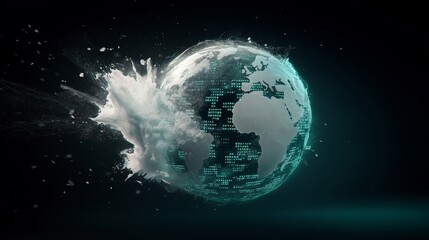 Fototapeta premium Digital globe with explosion of water and binary code on dark background