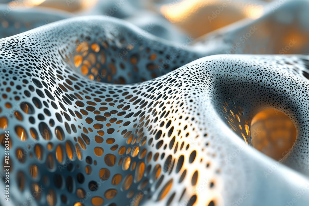 Poster Abstract 3D rendering of a porous, undulating metallic surface with a biomorphic texture.