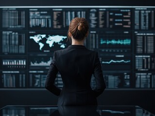 Fototapeta premium Finance and power in businesswomen. A businesswoman analyzes data on a futuristic screen in a modern office setting.