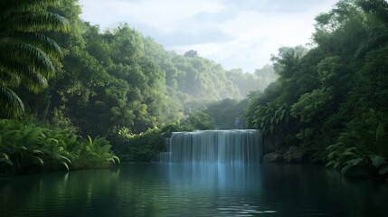 Fototapeta premium Majestic waterfall cascading into a tranquil pool surrounded by lush greenery at dawn