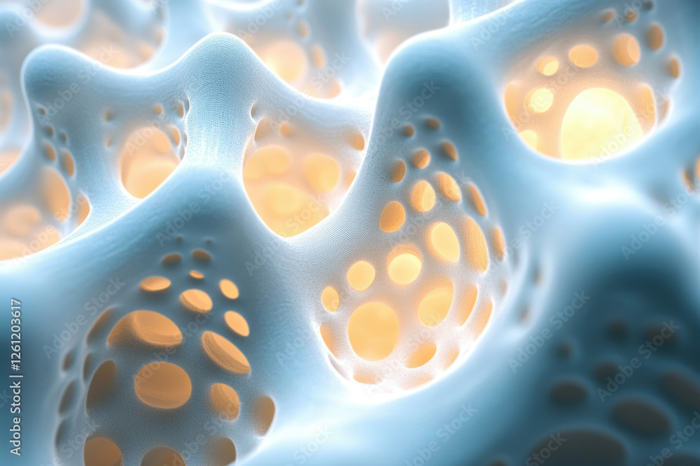 Poster abstract 3d render of a porous, interconnected structure with glowing inner cavities, resembling a c