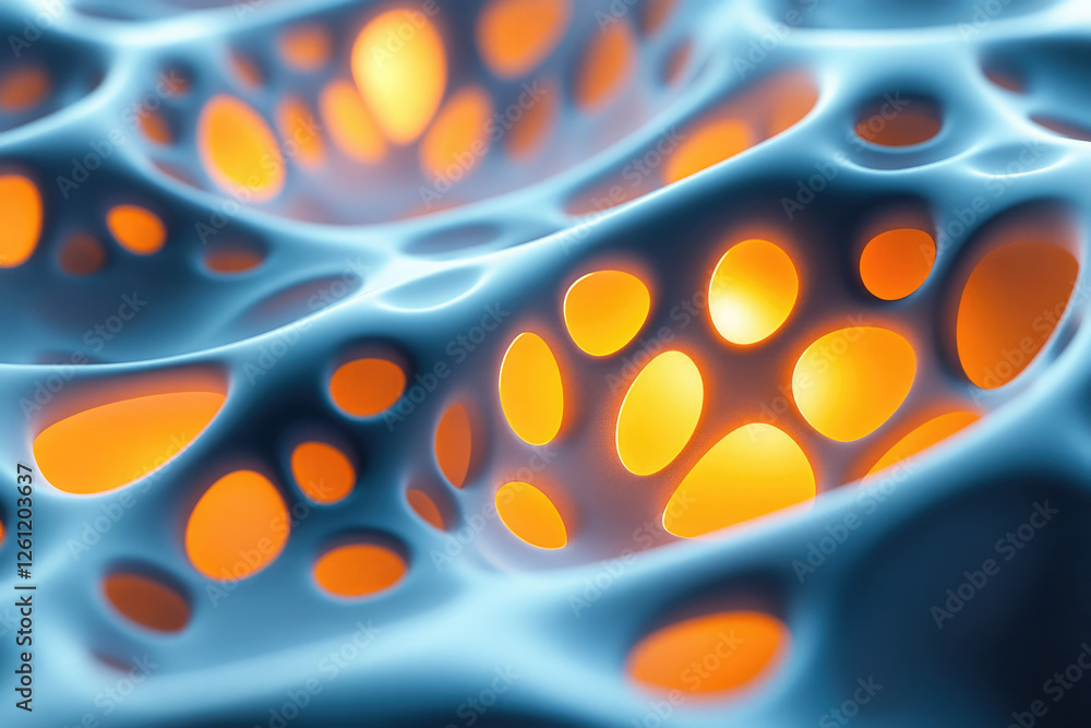 Aufkleber abstract 3d rendering of a porous, spongy structure with glowing orange inner cavities.