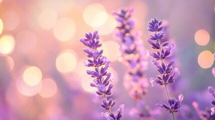 Obraz premium Lavender flowers sunset field bokeh background