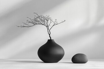 Black matte ceramic vase stands stylishly with bare branches, accompanied by a smooth stone, creating a serene minimalist decor setting