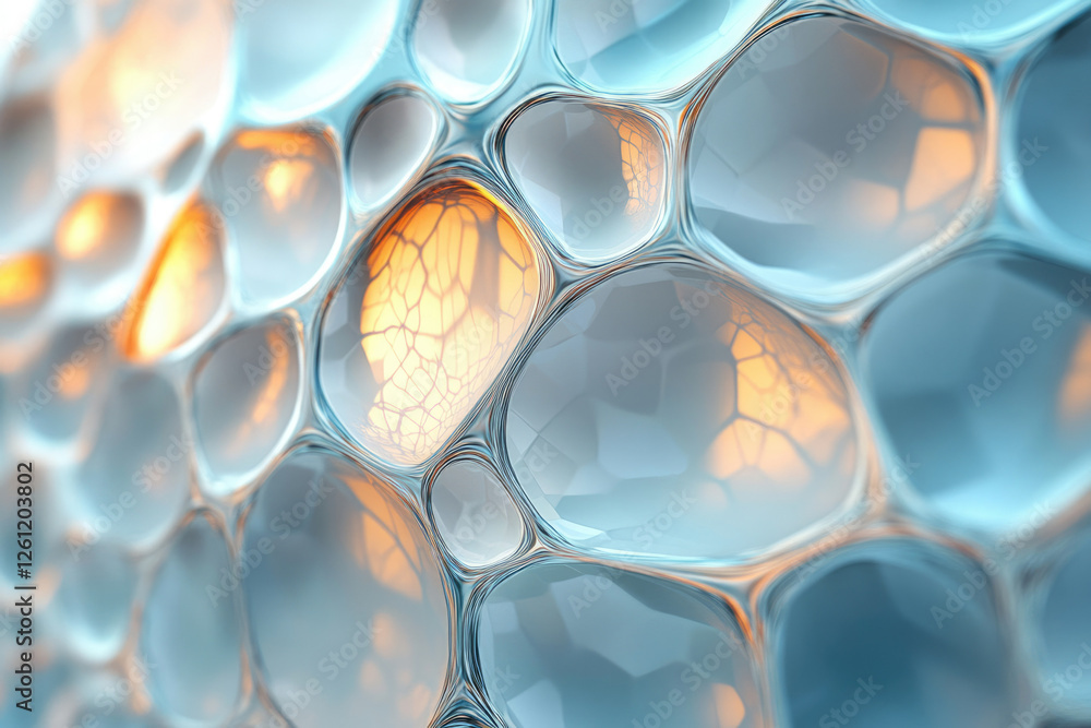 Poster Abstract 3D rendering of interconnected, glowing, translucent bubbles forming a complex structure.