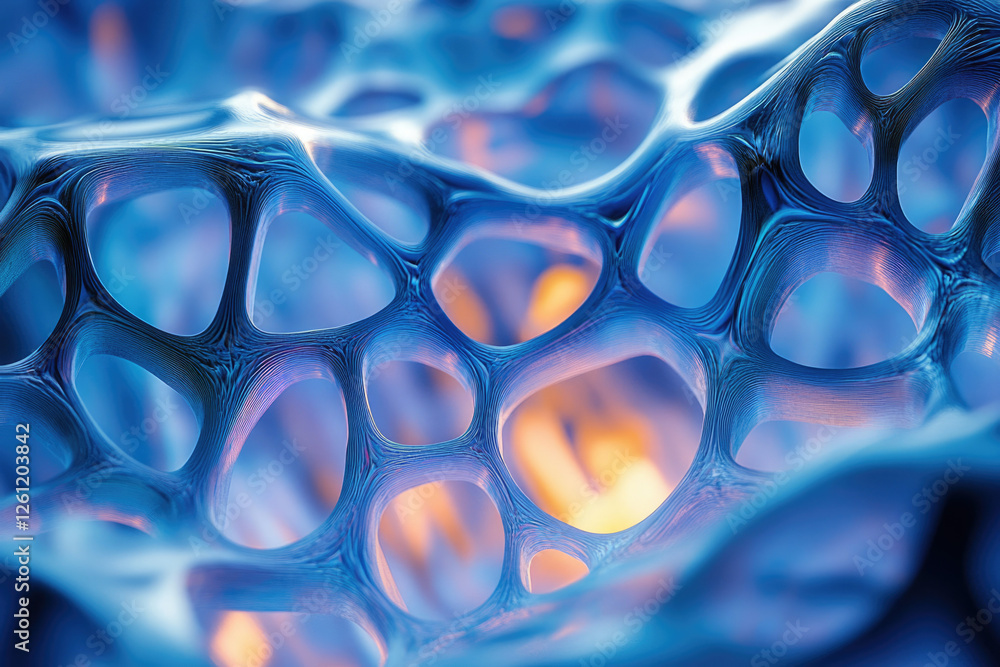 Poster Abstract blue and orange 3D rendering of a complex network structure resembling a porous material or cellular network.