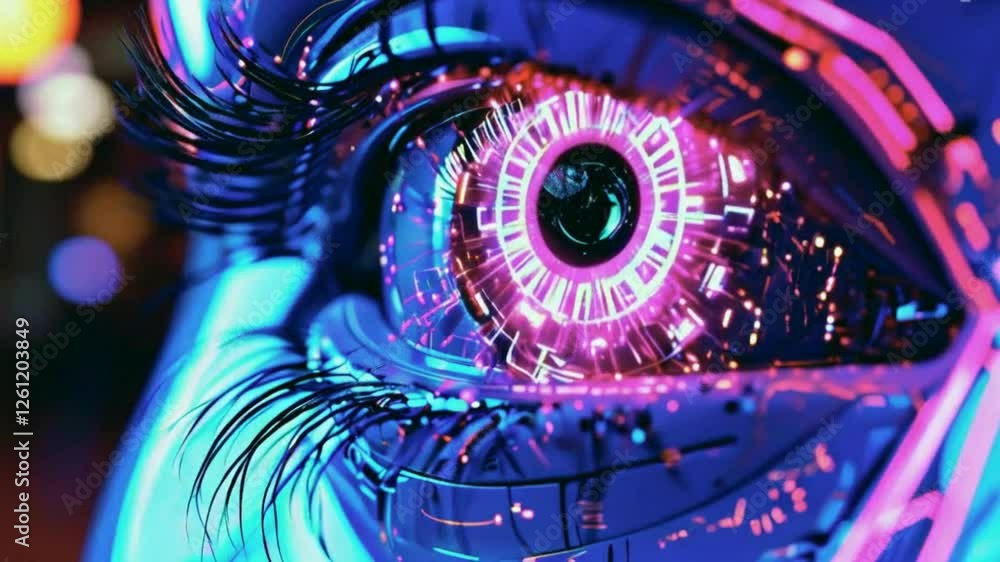 Poster bionic eye interface with glowing pink circular elements and digital enhancement displays