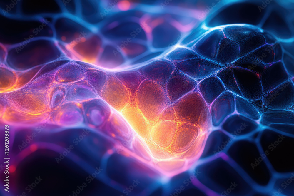 Poster Abstract glowing network, vibrant colors blend in a dynamic, interconnected structure. 
