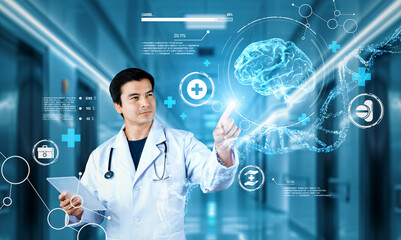 Doctor pointing at medical data while diagnosis symptom by using VR glasses. Doctor wearing lab coat and augmented reality goggles while looking human organ hologram. Healthcare concept. Ingenuity.