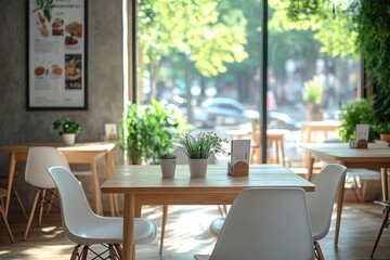 Fototapeta premium Cozy cafe setting featuring light wooden furniture, vibrant plants, and large windows that fill the space with sunlight and warmth