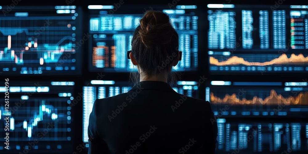 Poster finance and power in businesswomen. a professional analyzing data on multiple screens in a modern wo