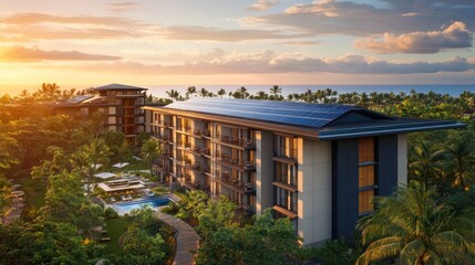 Eco-Luxury Resort Embracing Renewable Energy at Tropical Sunset
