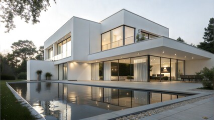 Modern Luxury Home, Minimalist Architecture, Infinity Pool, Evening Light
