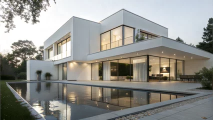 Fotobehang Grijs Modern Luxury Home, Minimalist Architecture, Infinity Pool, Evening Light  © KAZI DESIGN