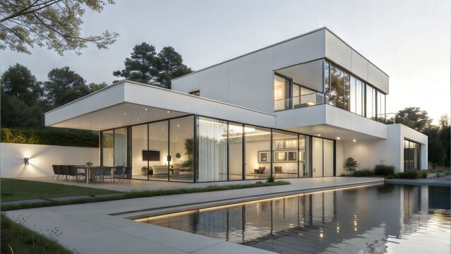 Modern Minimalist House Design Luxury Pool, Glass Walls, White Exterior