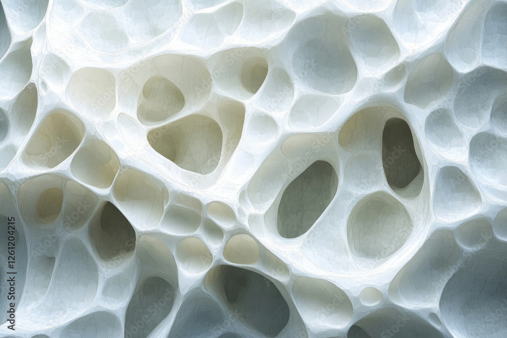 Poster Abstract image depicting a porous, cavernous structure with interconnected voids and a smooth, off-white texture.