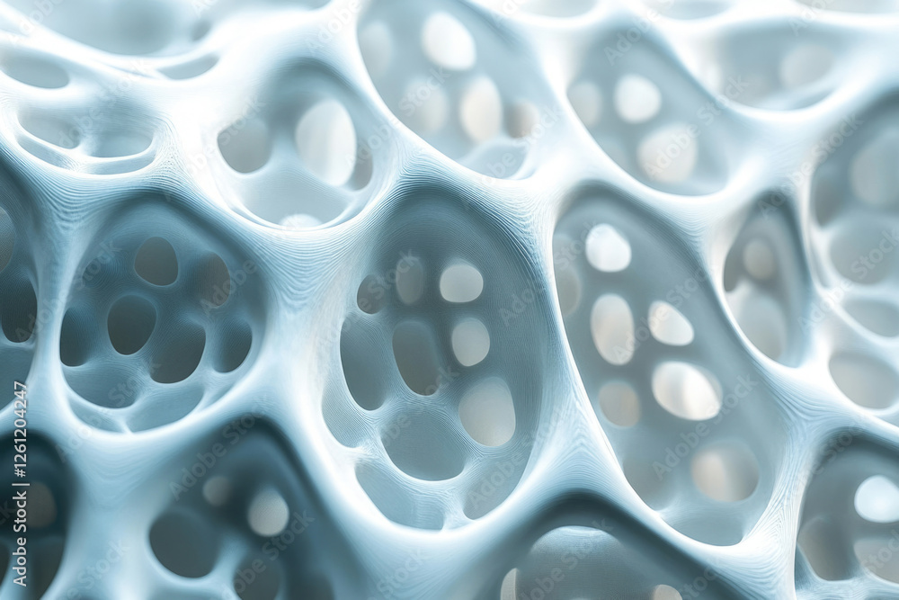 Poster Abstract 3D render of a porous, interconnected structure resembling a network of tunnels or a spongy material.