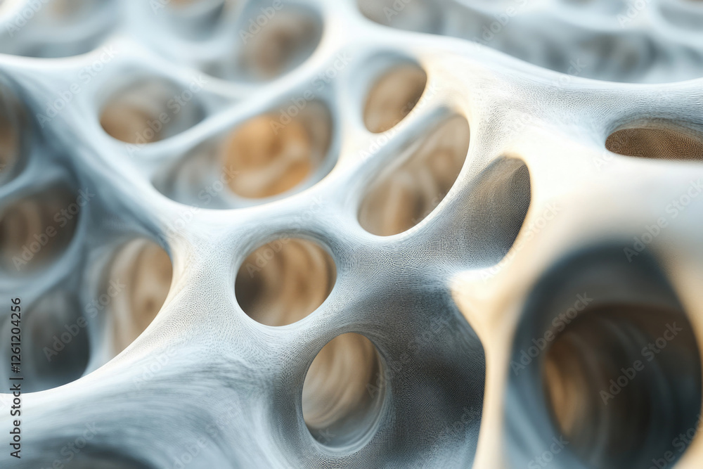 Poster Abstract 3D render of a porous, interconnected structure resembling a network or sponge.