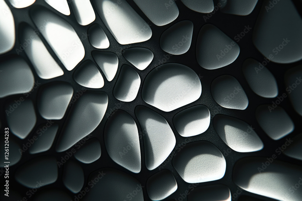 Poster Abstract grayscale image showcasing a textured surface with a network of irregular, pebble-like shapes.