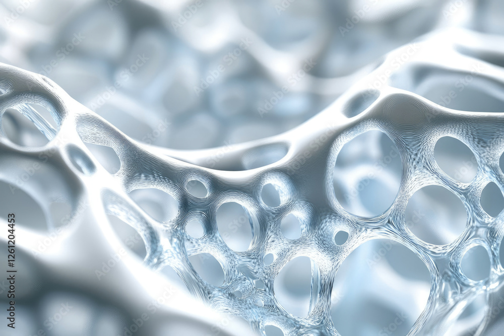 Poster Abstract 3D render of a porous, interconnected network resembling bone structure or a sponge-like material.