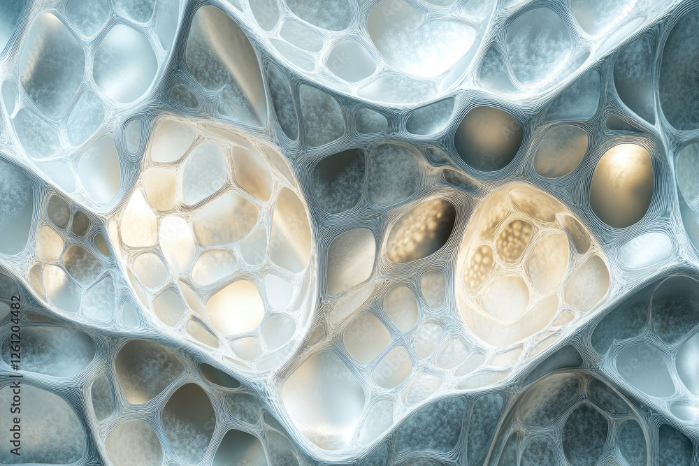 Poster Abstract 3D render of a complex interconnected network of organic shapes, resembling a cellular structure or futuristic material.