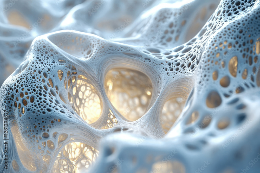 Poster abstract 3d render of a porous, organic-looking structure with glowing inner cavities.