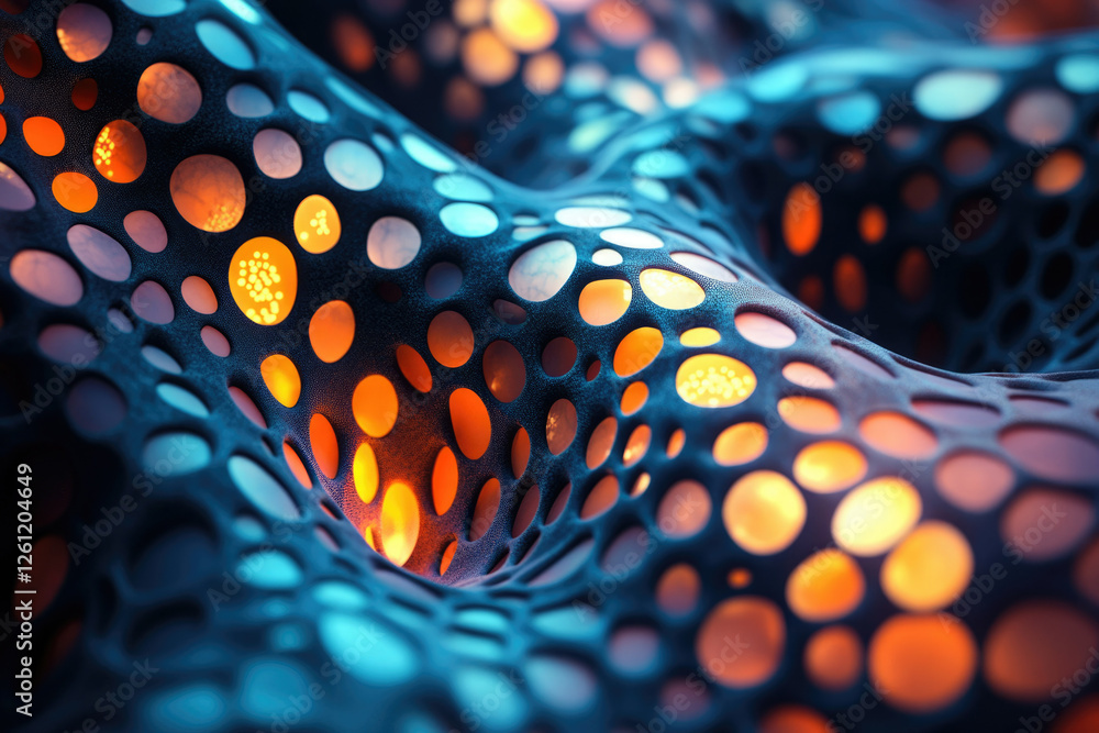 Poster Abstract 3D render of a dark blue porous surface with glowing orange and teal circular holes, creating a wave-like pattern.