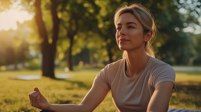 A calm and thoughtful mature woman sits peacefully in a lush green park, embracing the early evening light while engaged in a mindfulness practice. Her expression radiates tranquility