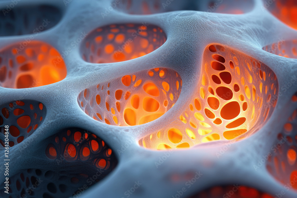 Poster abstract 3d render of a porous, interconnected structure with glowing orange interiors.