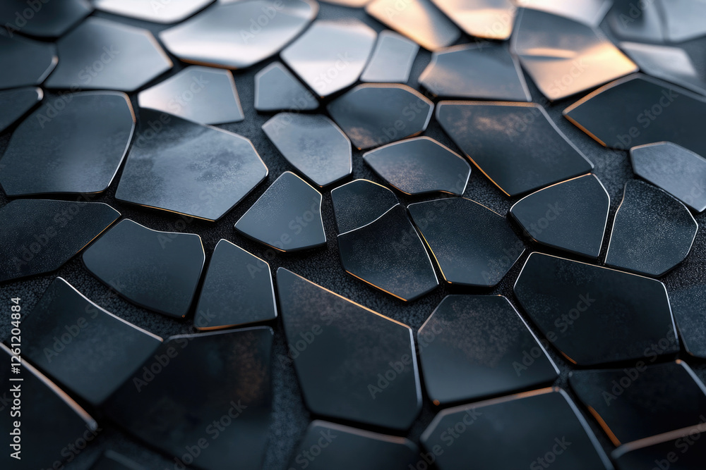 Poster abstract dark metallic texture, irregular shapes, glossy surface, 3d render.