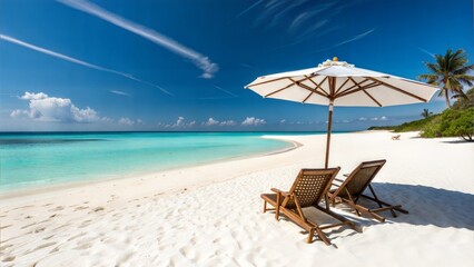 Tropical Beach Paradise White Sand, Azure Waters, Relaxing Chairs, Umbrella