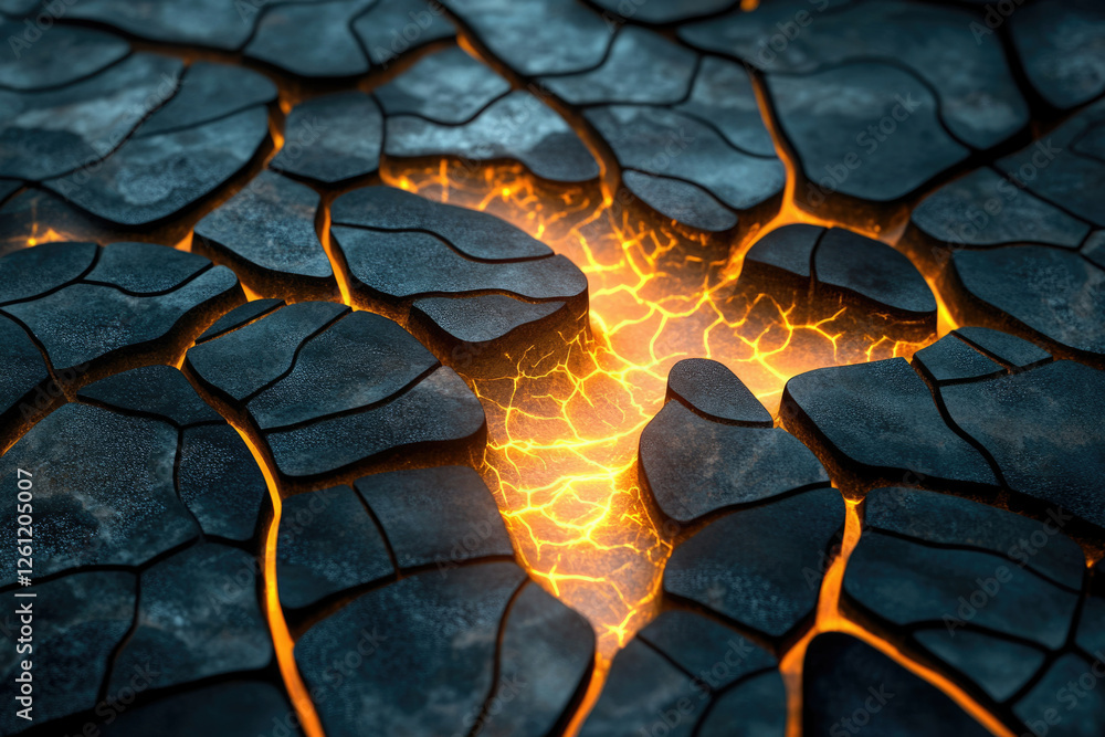 Poster glowing magma cracks through dark, fractured stone; a fiery, textured abstract.