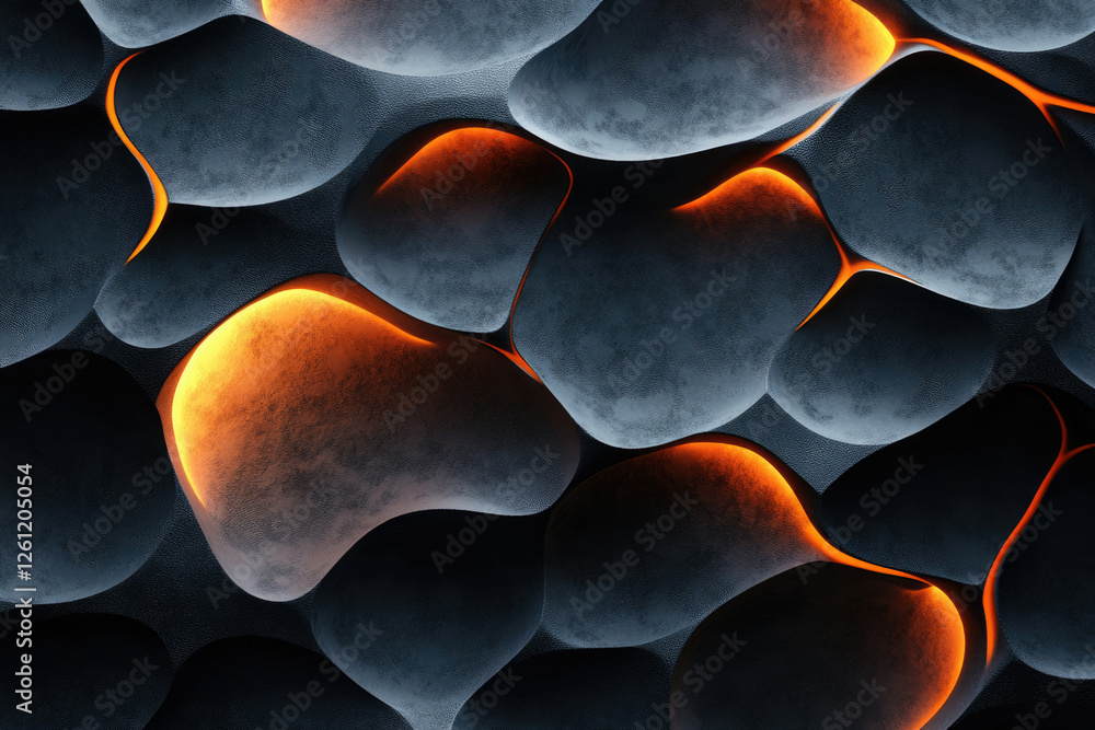 Poster Abstract 3D render of dark gray textured shapes with orange glowing inner lines, creating a unique pattern.