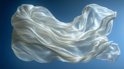 A white fabric flying in the air on a blue background