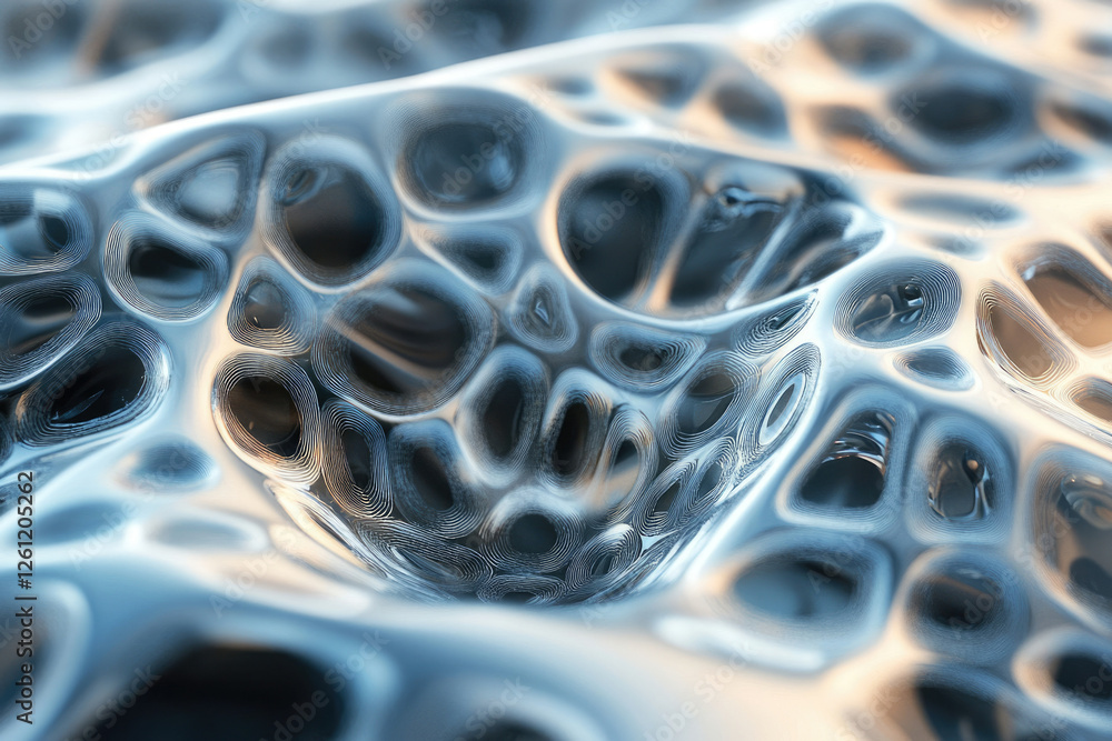 Poster Abstract 3D render of a metallic, biomorphic surface with a complex, undulating texture and reflective qualities.