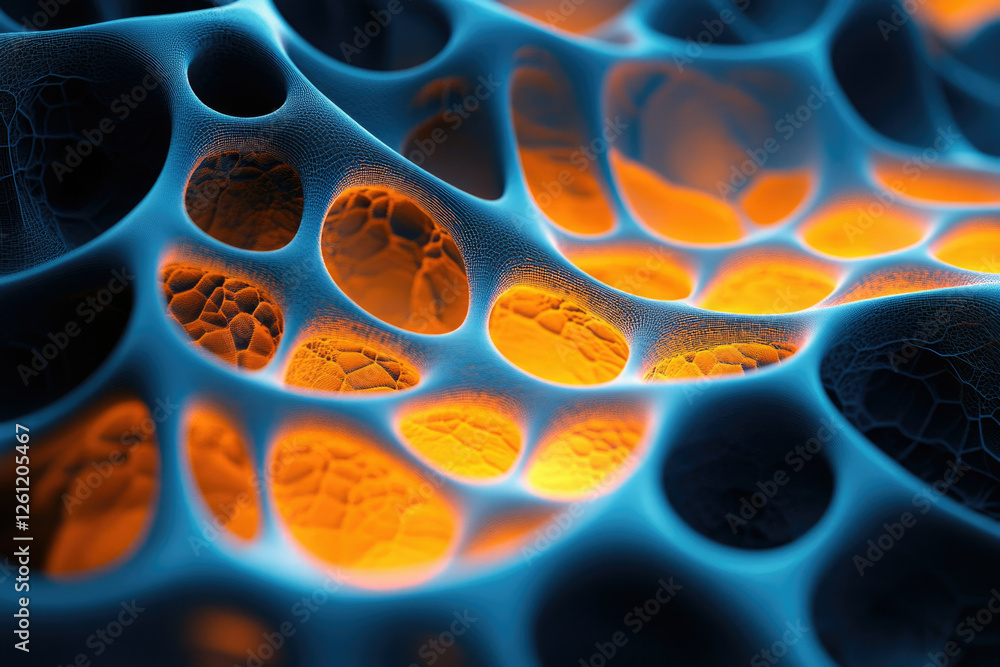 Poster abstract 3d rendering of a porous, network-like structure with glowing orange interiors and a blue e