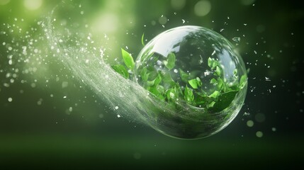 Fresh Green Leaves Inside a Transparent Bubble with Soft Light Background